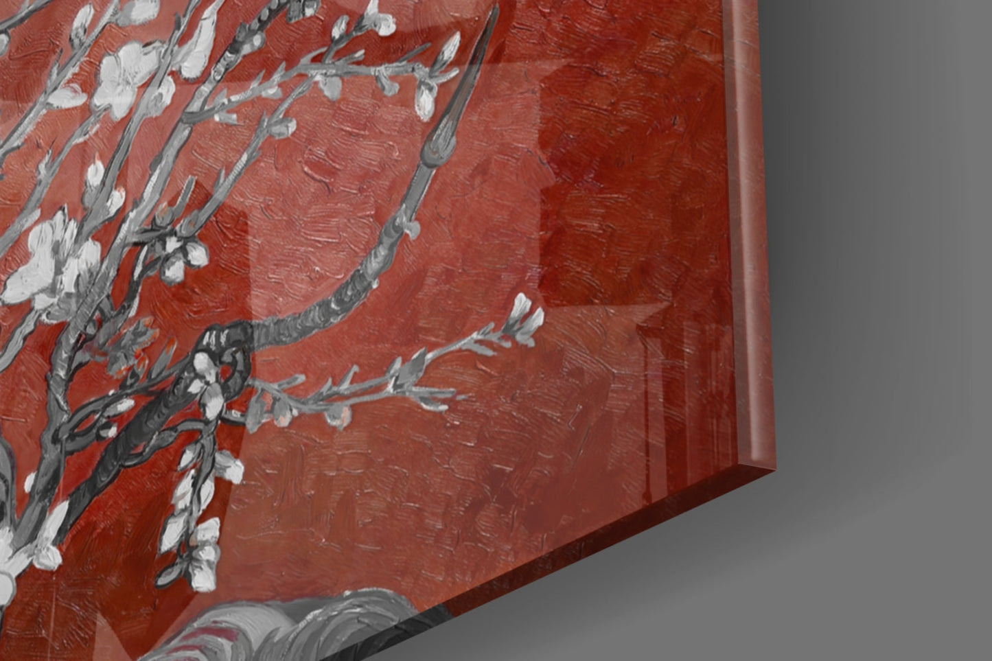 White Blossoms on Terracotta Red Glass Wall Art