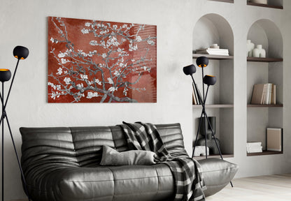 White Blossoms on Terracotta Red Glass Wall Art
