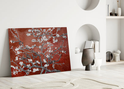 White Blossoms on Terracotta Red Glass Wall Art