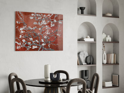 White Blossoms on Terracotta Red Glass Wall Art