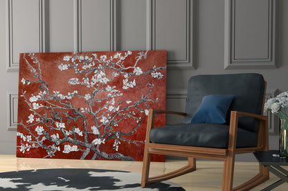 White Blossoms on Terracotta Red Glass Wall Art