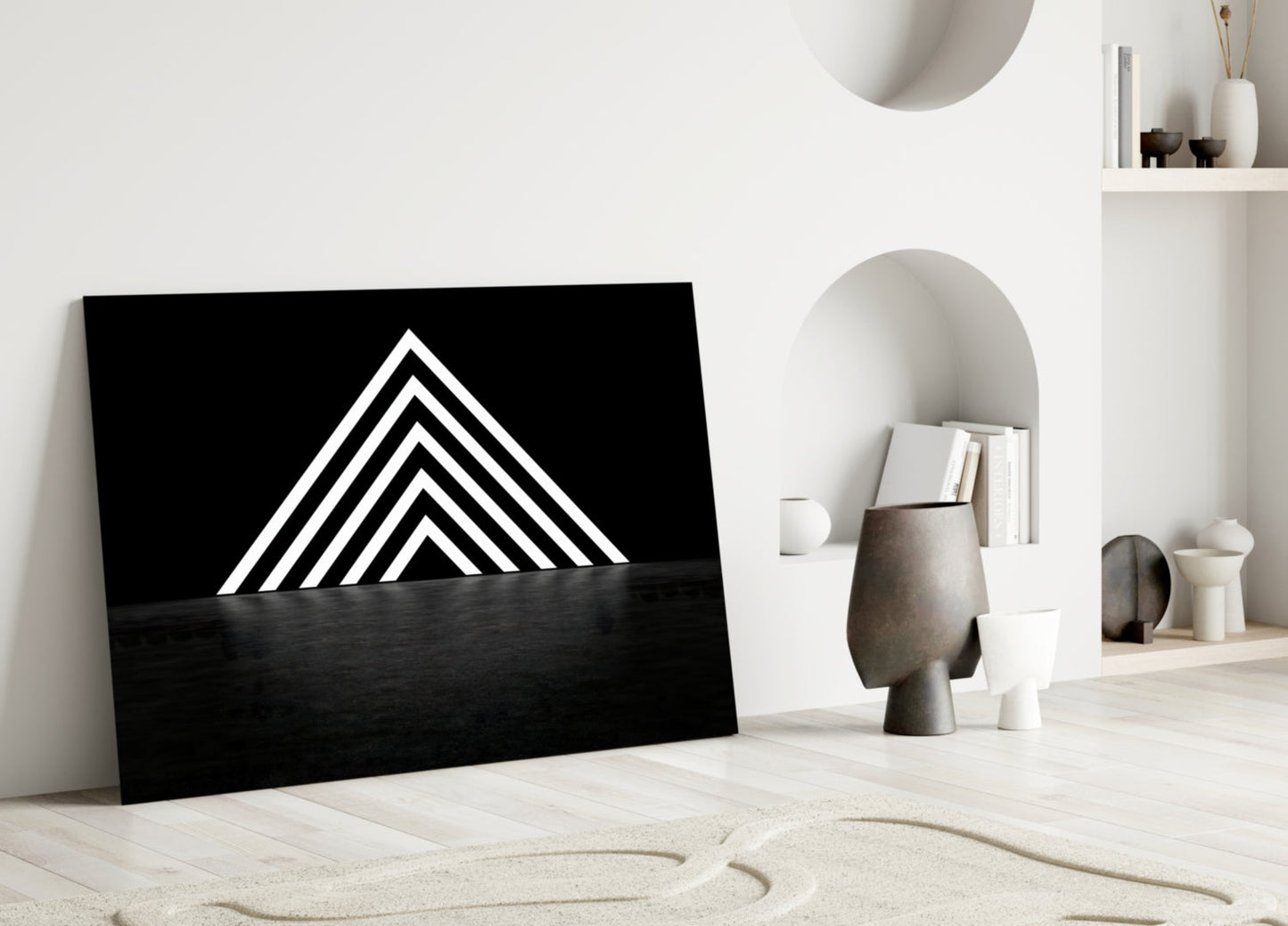 Glowing Chevron Pyramid on Black Glass Wall Art
