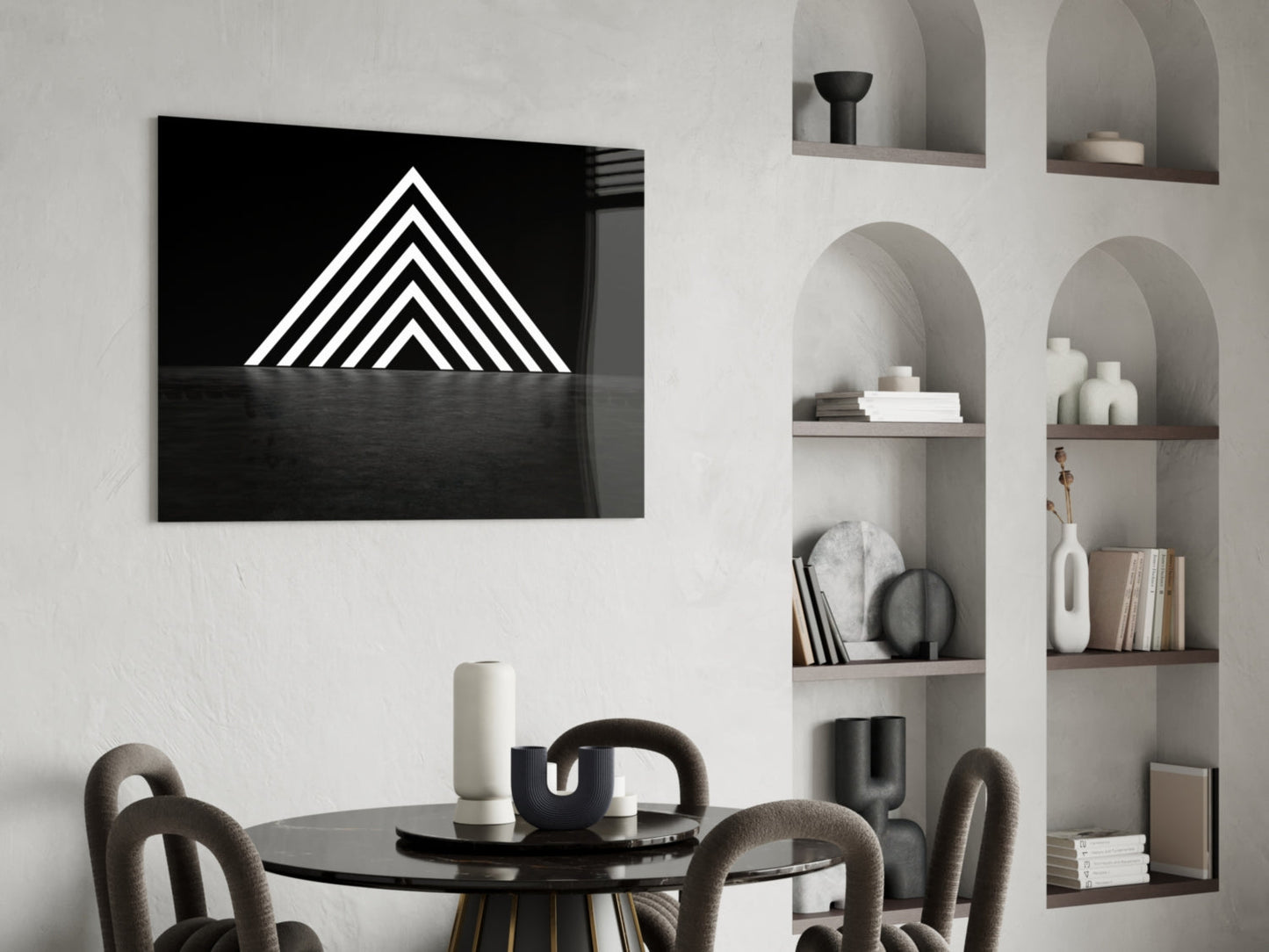 Glowing Chevron Pyramid on Black Glass Wall Art