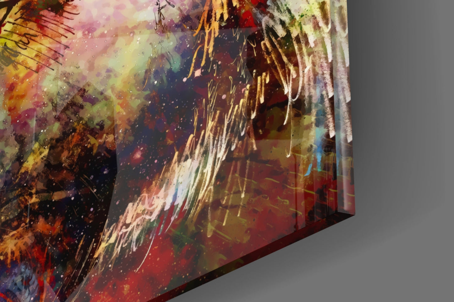 Close-up angled view of glass wall art showing vibrant abstract wolf design with dripping paint effects in gold, red, yellow, and purple hues.
