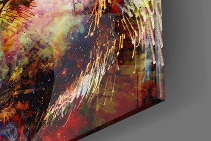 Close-up angled view of glass wall art showing vibrant abstract wolf design with dripping paint effects in gold, red, yellow, and purple hues.