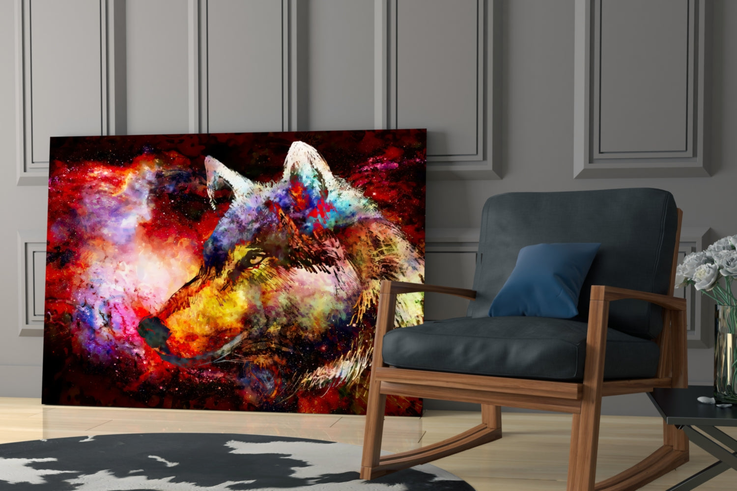 Colorful wolf glass wall art displayed in a modern living room interior next to a wooden chair with blue cushions.