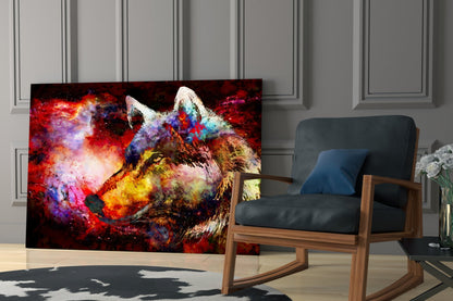 Colorful wolf glass wall art displayed in a modern living room interior next to a wooden chair with blue cushions.