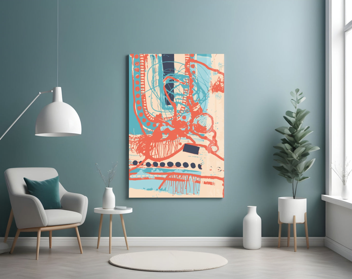 Coral Doodle Lines Glass Wall Art