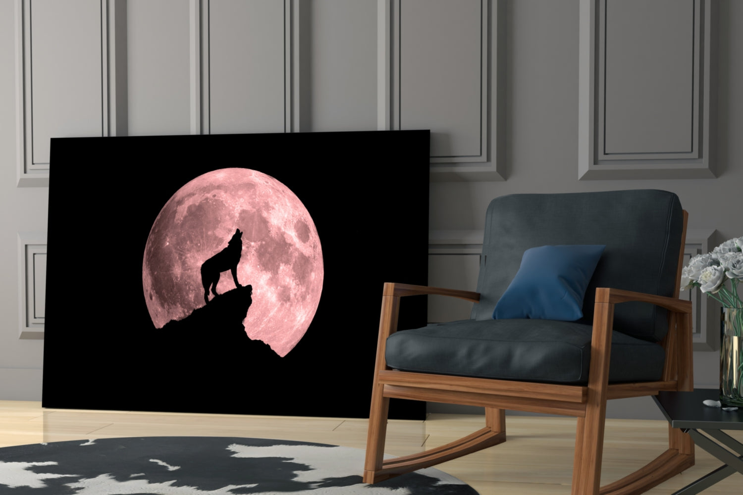 Wolf and full moon glass wall art displayed in modern living room setting next to wooden chair.