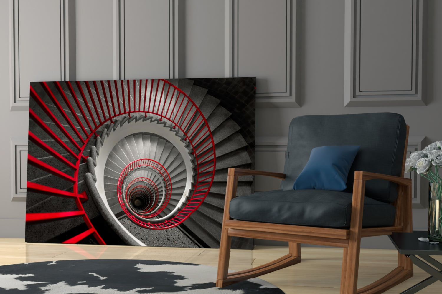 Red and gray spiral staircase glass wall art displayed in modern living room with wooden chair and paneled walls.