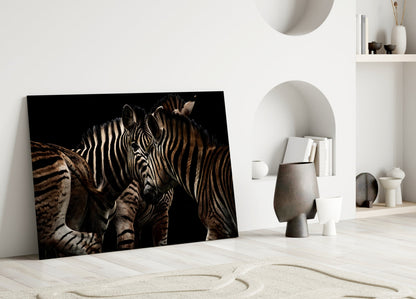 Nuzzling Zebra Pair Glass Wall Art