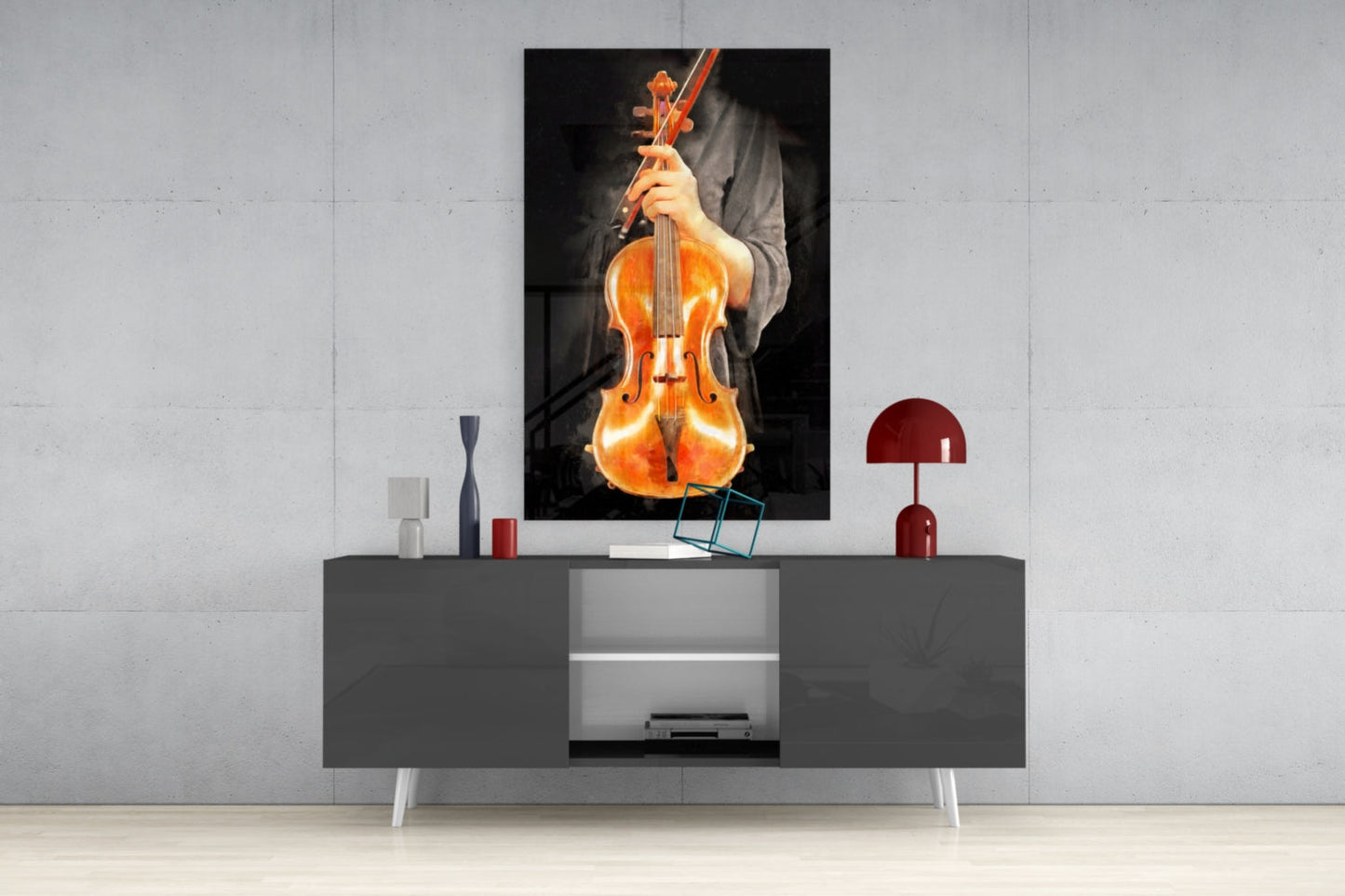 Violin glass wall art depicting a glowing amber violin with bow displayed above a gray media console in a modern interior setting.