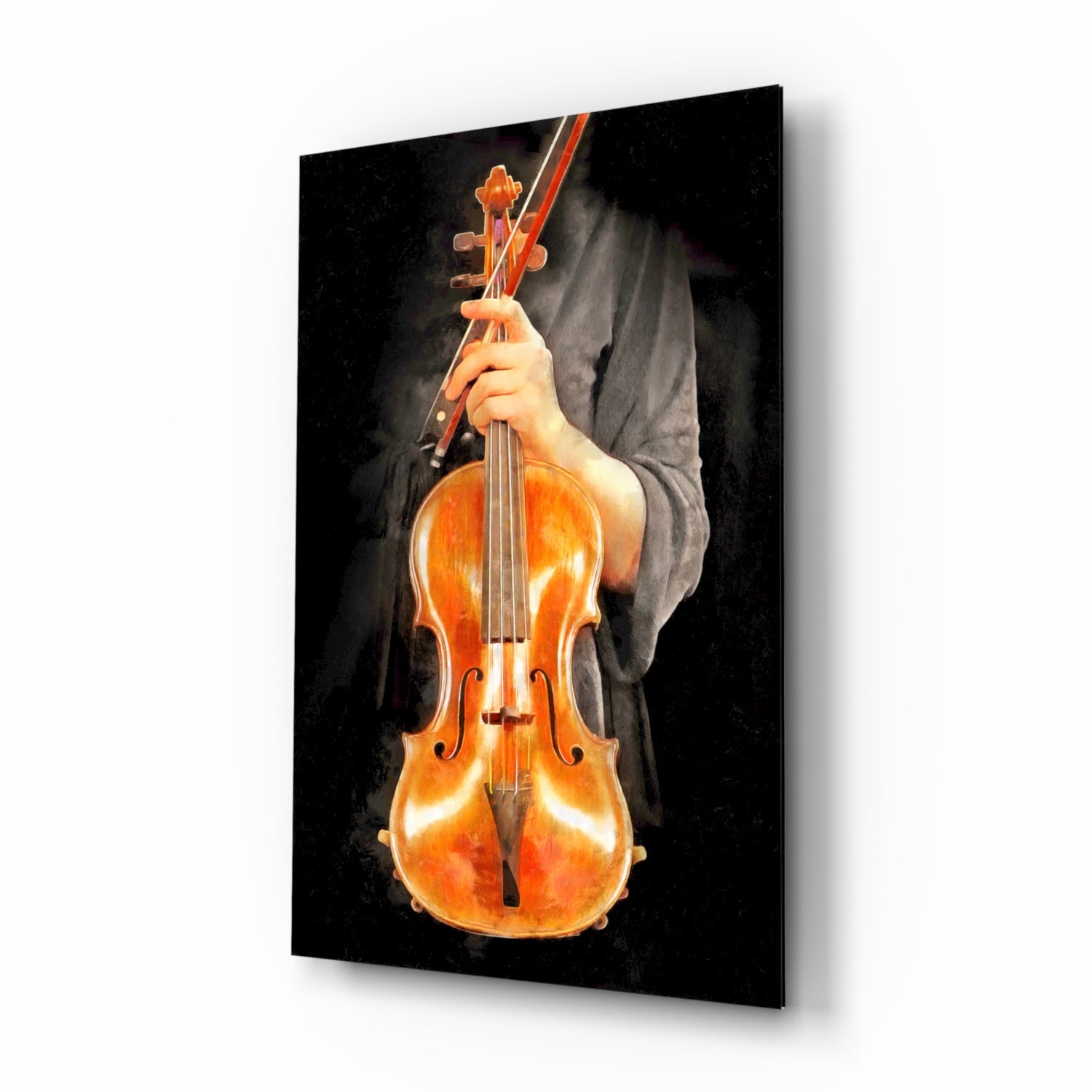 A musician in dark clothing holds a glowing amber violin with bow against a black background, displayed as angled wall art.