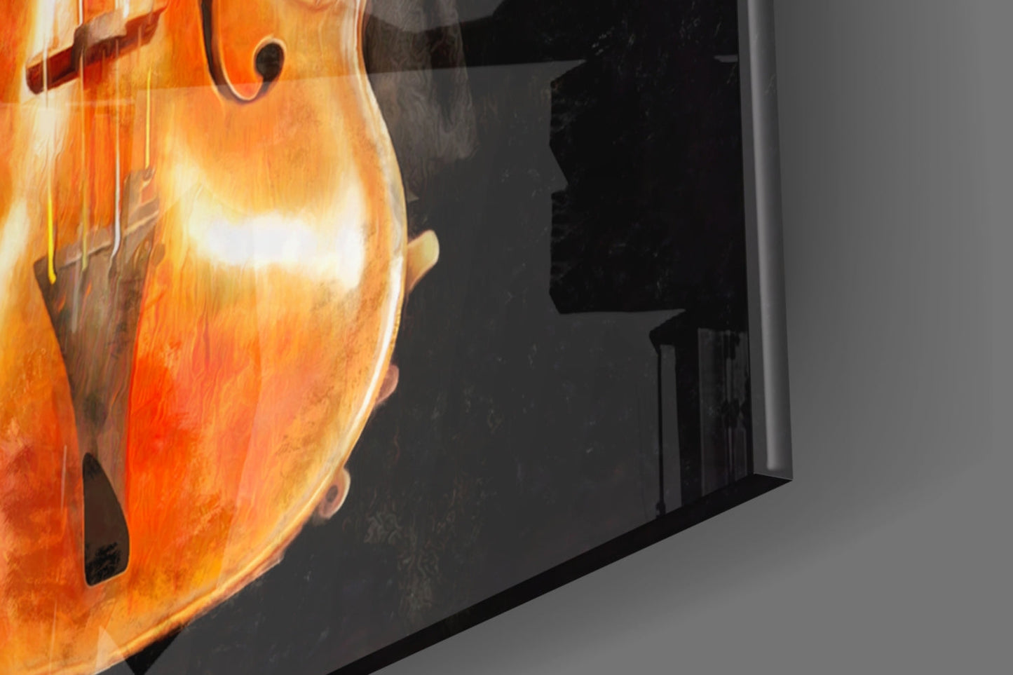 Close-up angled view of violin glass wall art showing warm orange and red wood grain tones illuminated against dark background.