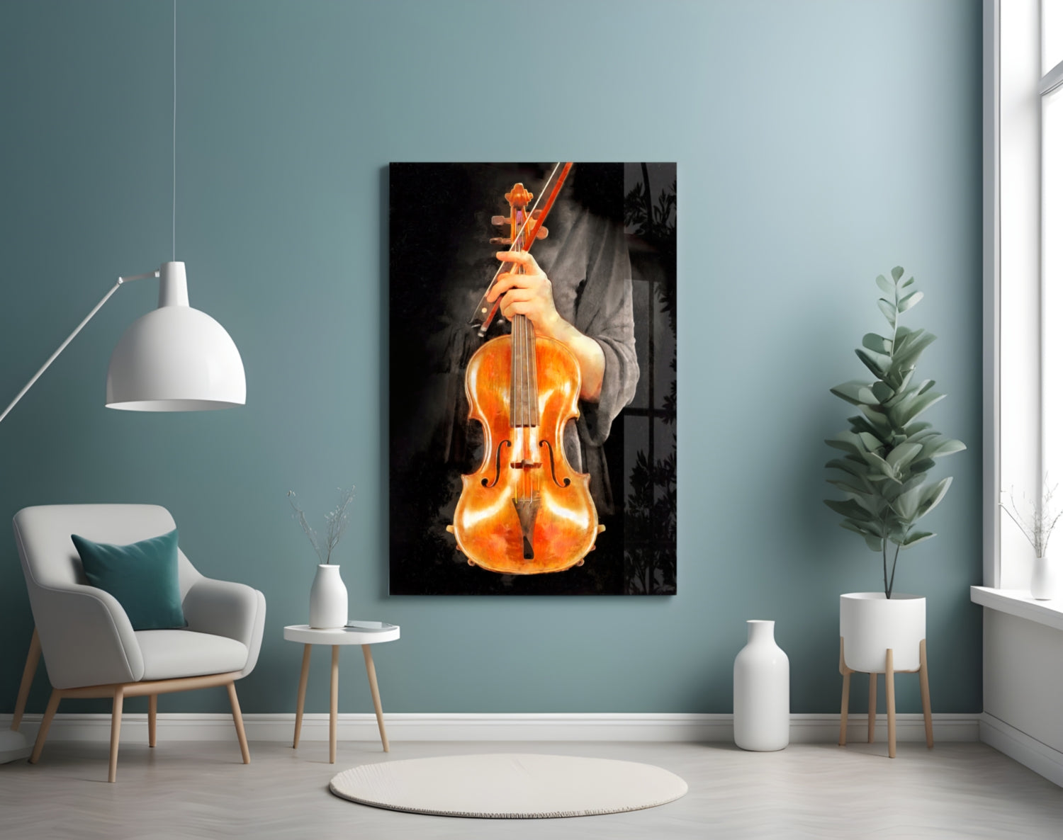 Glowing golden-orange violin held by hands against dark background, displayed on teal wall in modern living room setting.