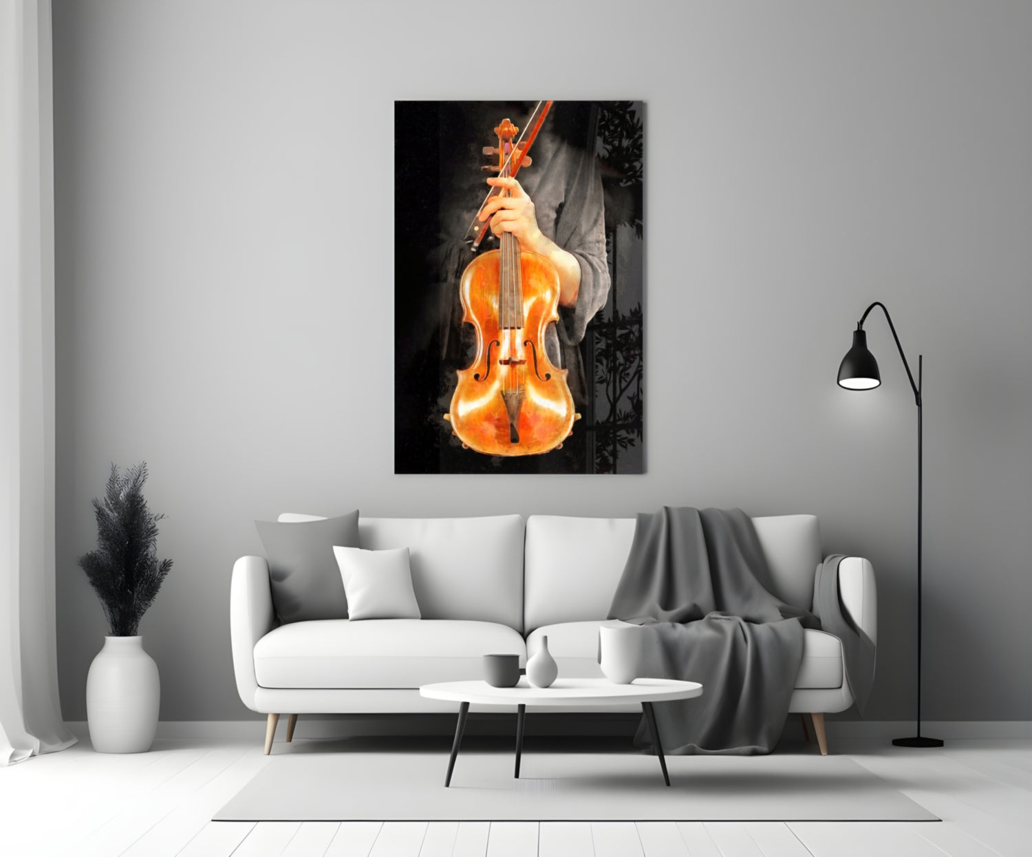 Violin glass wall art displaying a golden-brown violin held by hands against a black background, mounted above a white sofa in a modern living room setting.