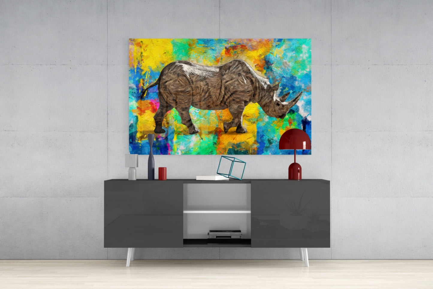 Colorful Abstract Rhino Glass Wall Art