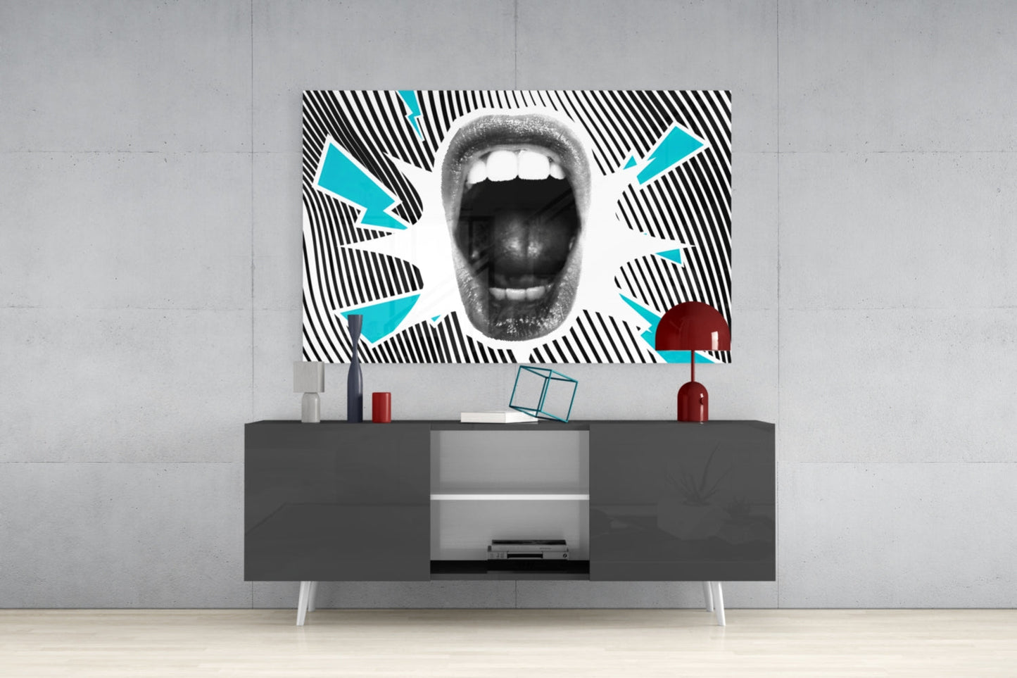 Shouting Mouth Striped Pop Art Glass Wall Art