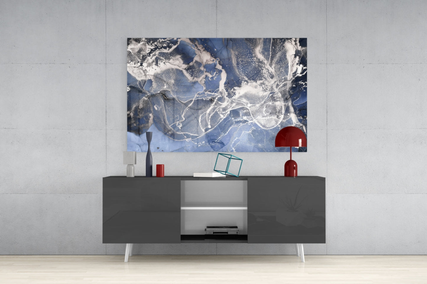 Blue Silver Ink Marble Glass Wall Art