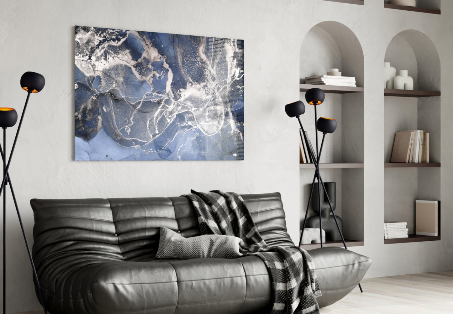 Blue Silver Ink Marble Glass Wall Art