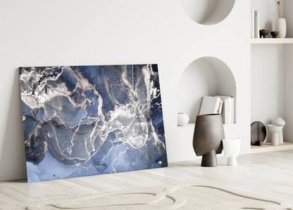 Blue Silver Ink Marble Glass Wall Art