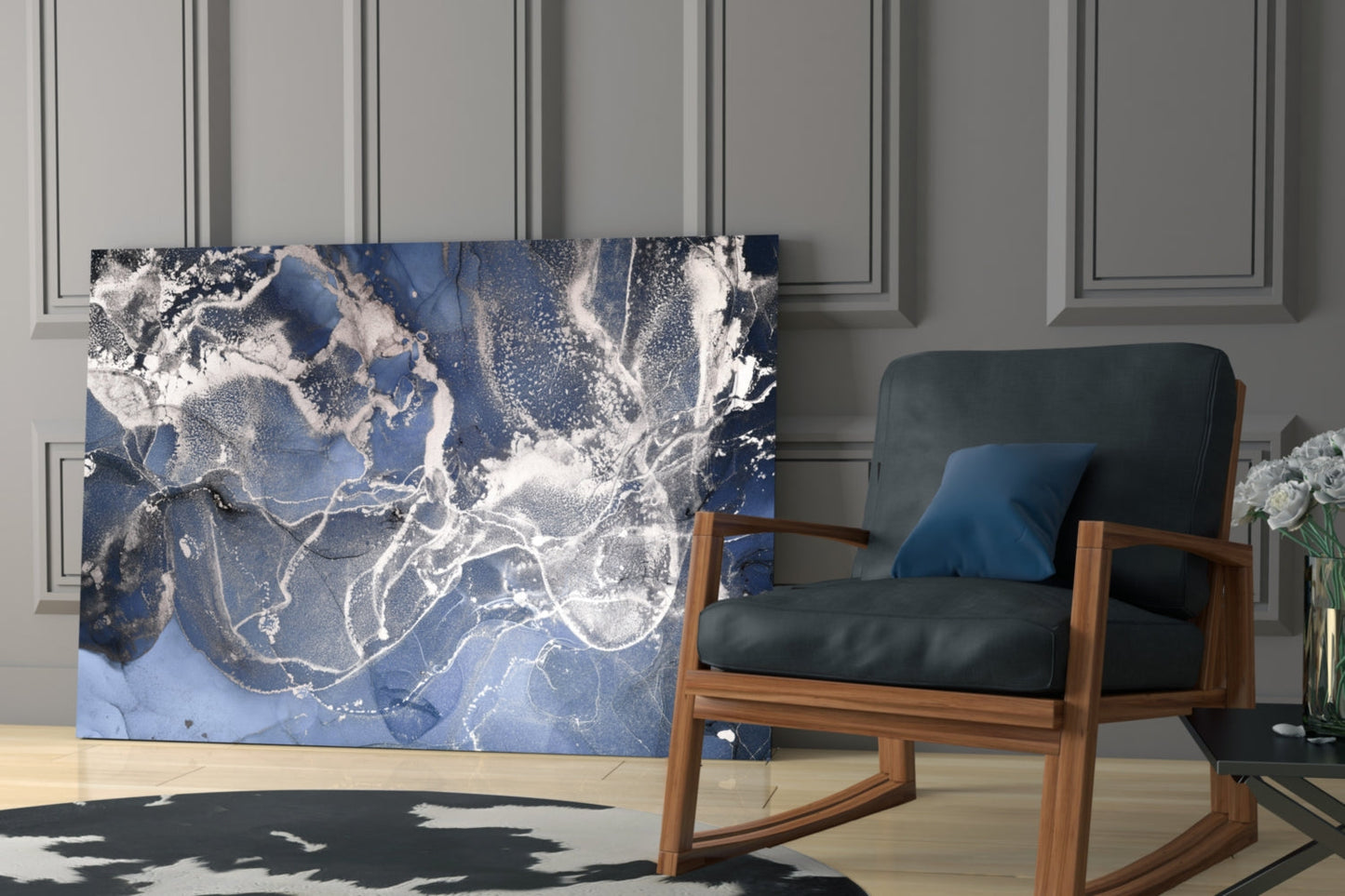 Blue Silver Ink Marble Glass Wall Art