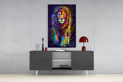 Neon Rainbow Standing Lion Glass Wall Art