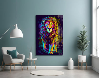 Neon Rainbow Standing Lion Glass Wall Art