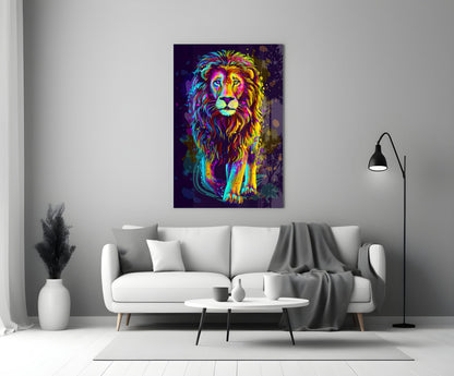 Neon Rainbow Standing Lion Glass Wall Art
