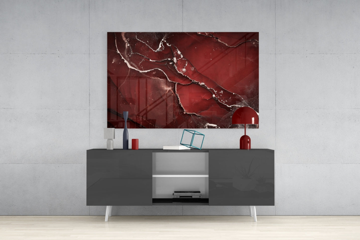 Crimson Red Veined Marble Glass Wall Art
