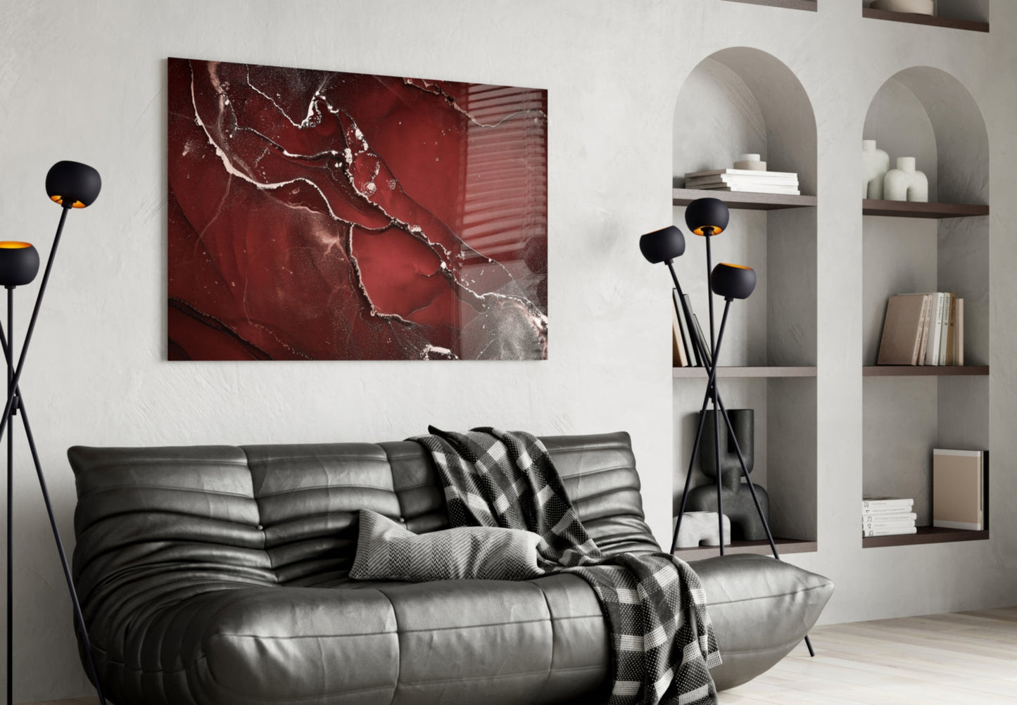 Crimson Red Veined Marble Glass Wall Art