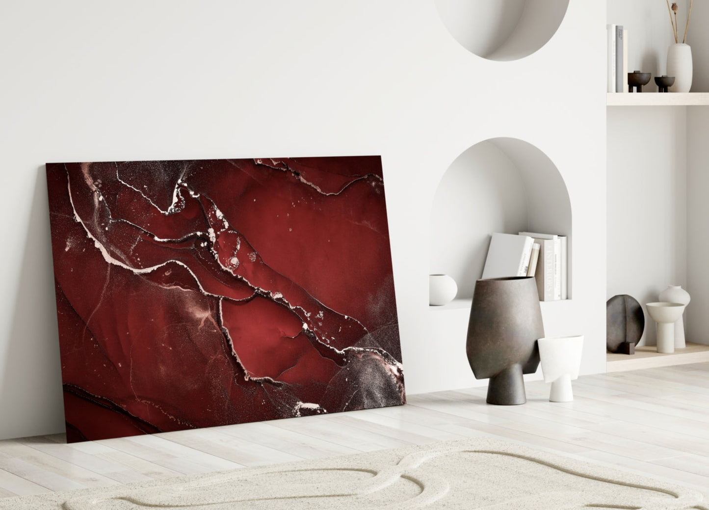 Crimson Red Veined Marble Glass Wall Art