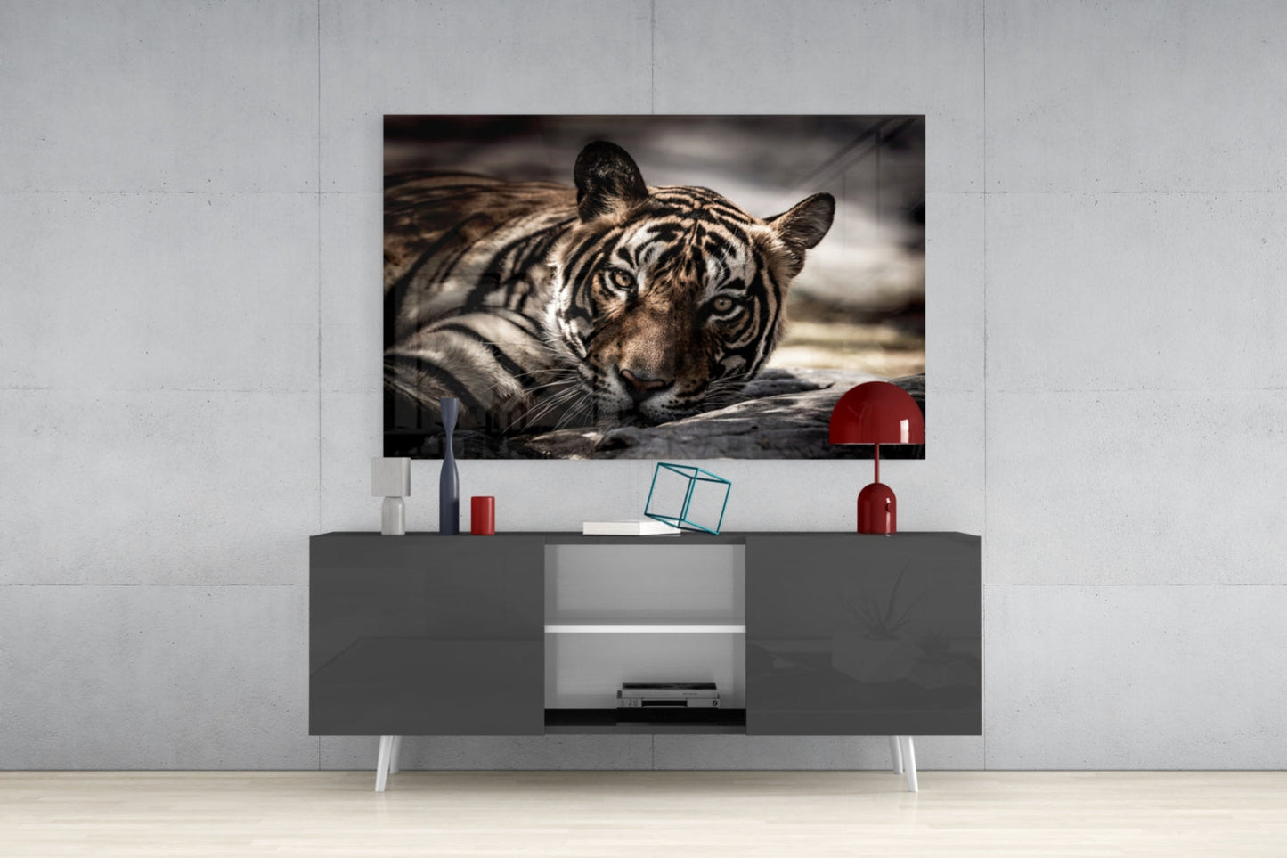 Resting Sepia Tiger Glass Wall Art