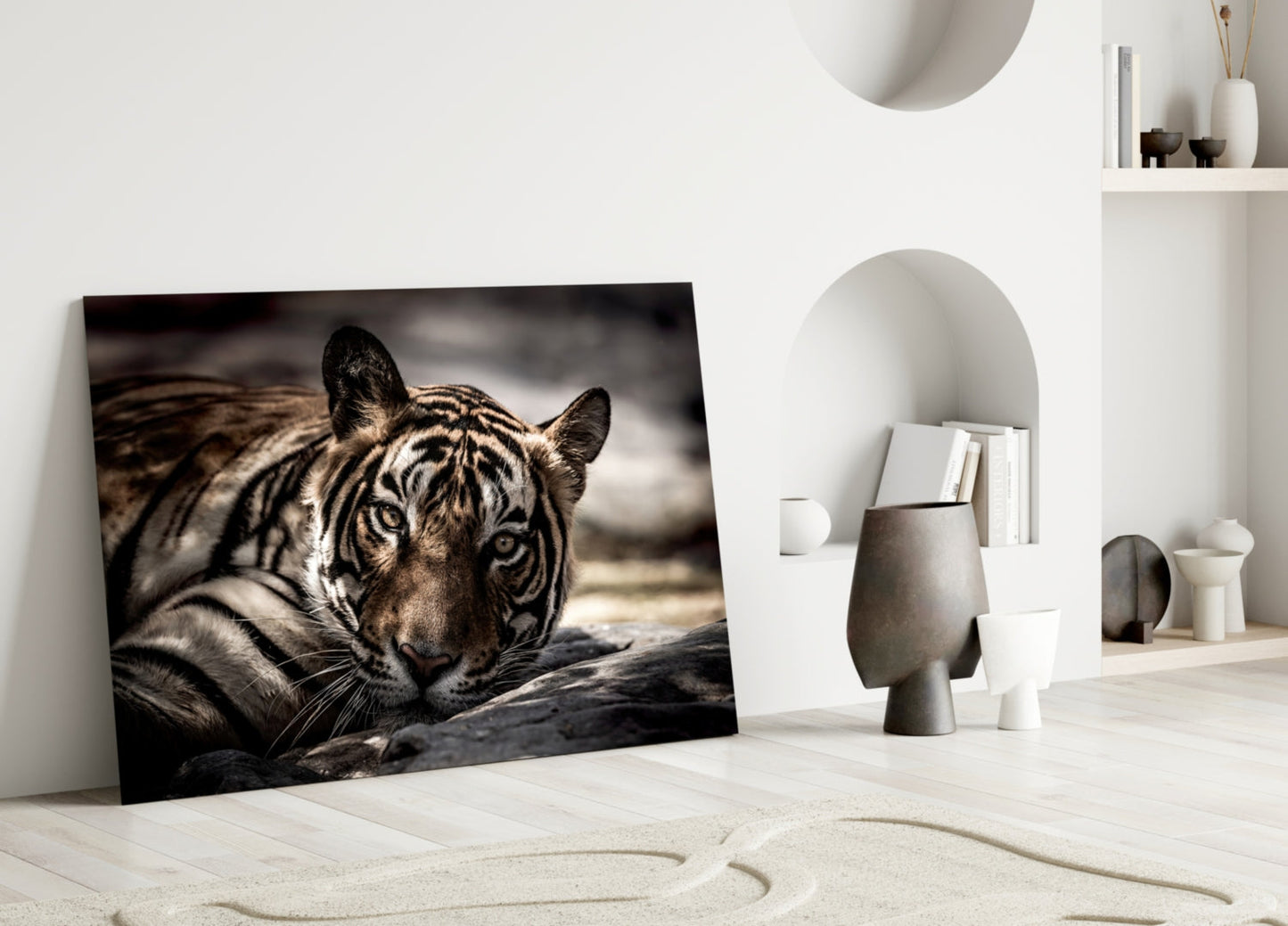 Resting Sepia Tiger Glass Wall Art
