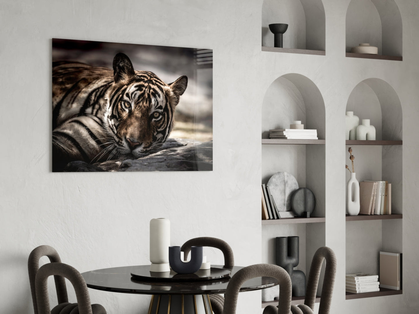Resting Sepia Tiger Glass Wall Art