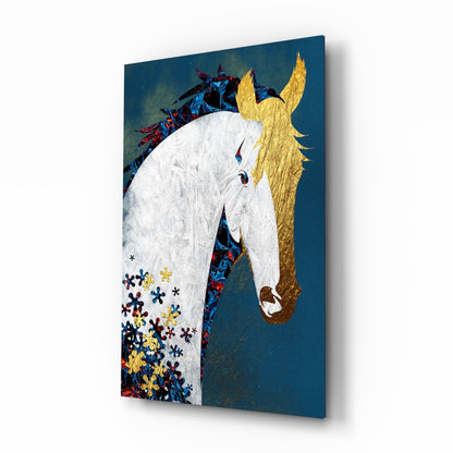 Gold Mane Horse Blue Blooms Glass Wall Art