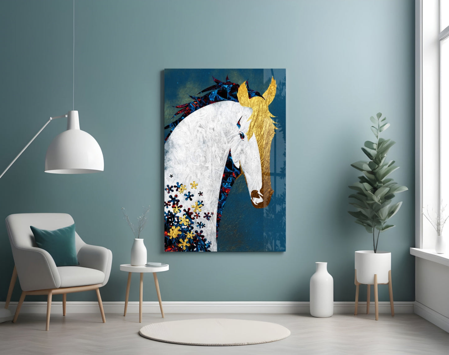 Gold Mane Horse Blue Blooms Glass Wall Art