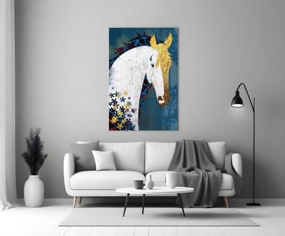 Gold Mane Horse Blue Blooms Glass Wall Art