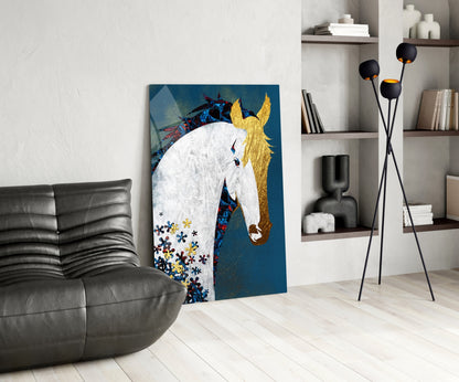 Gold Mane Horse Blue Blooms Glass Wall Art