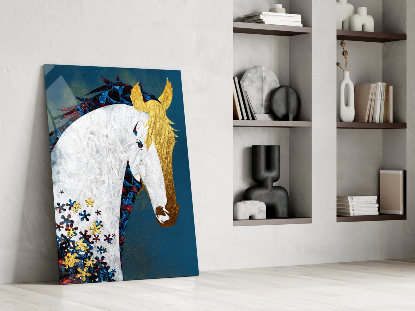 Gold Mane Horse Blue Blooms Glass Wall Art