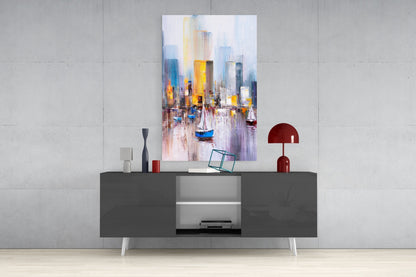 Colorful Harbor Sailboat City Glass Wall Art