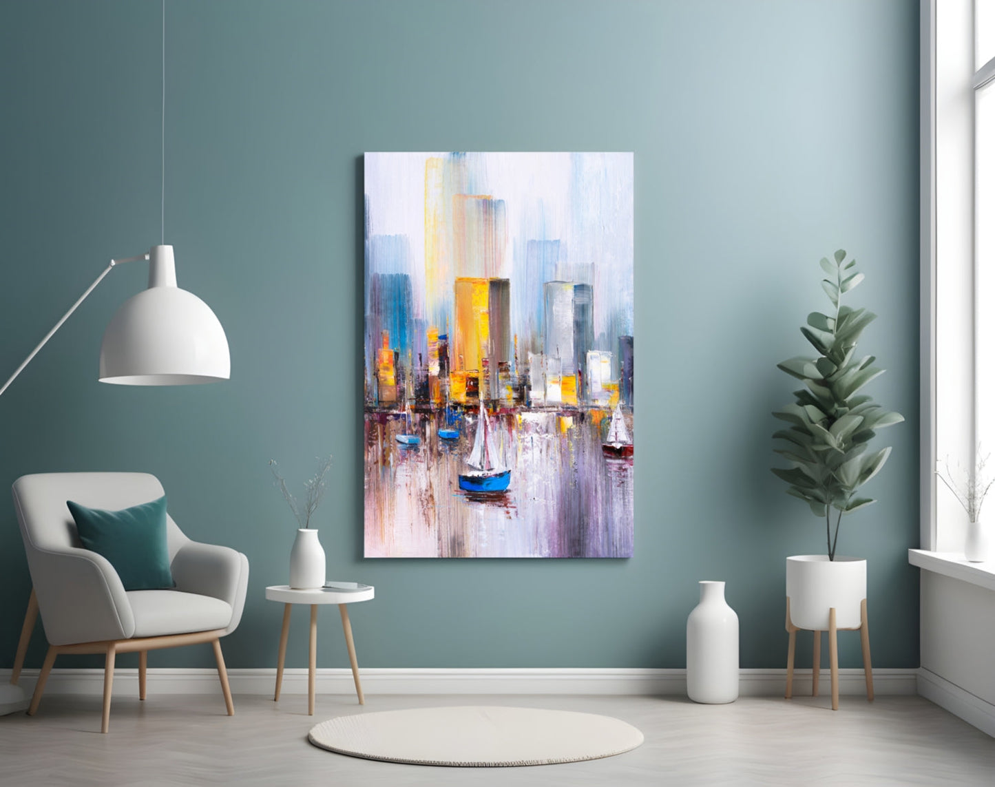 Colorful Harbor Sailboat City Glass Wall Art