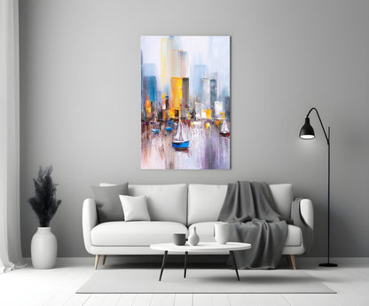 Colorful Harbor Sailboat City Glass Wall Art