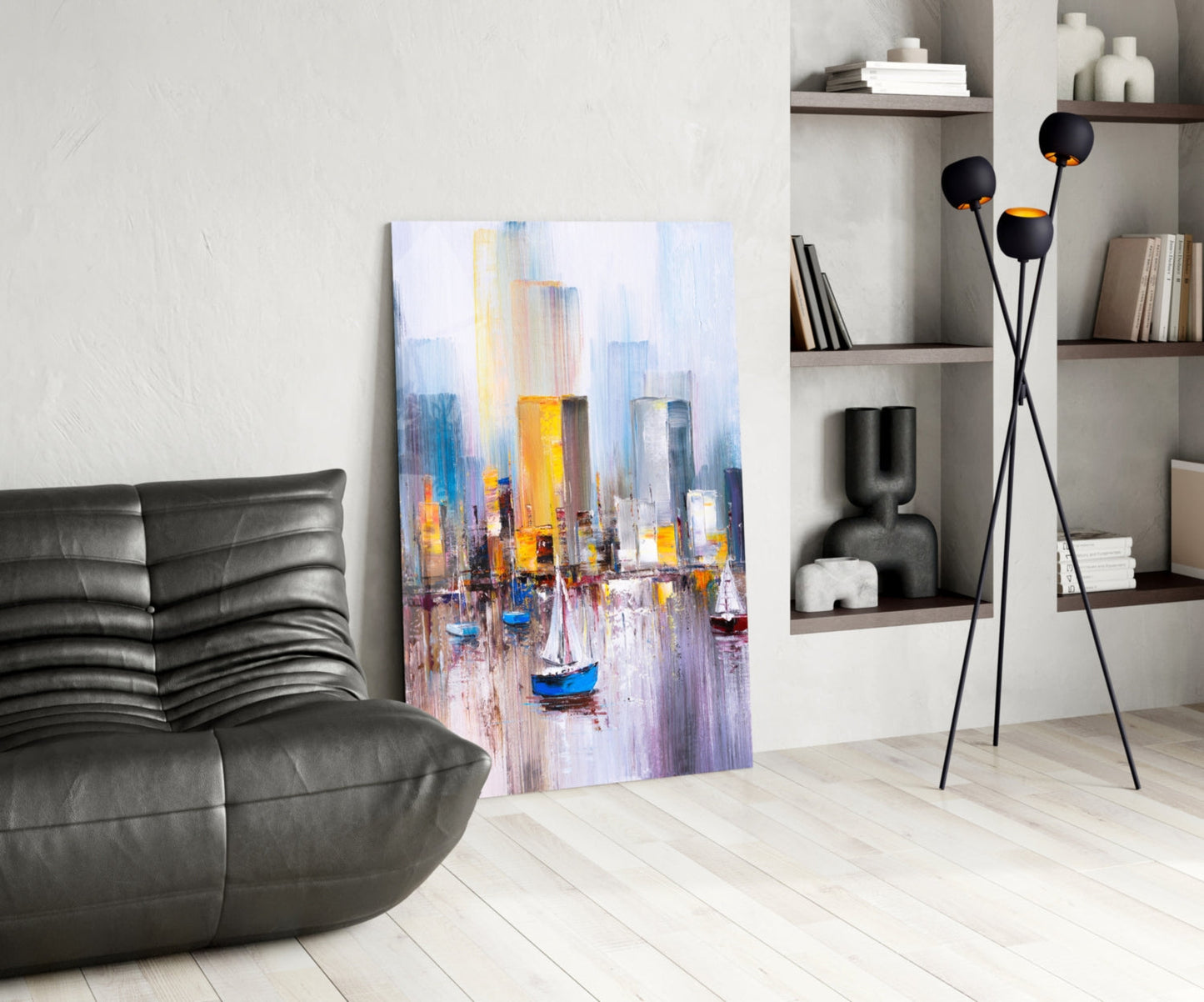 Colorful Harbor Sailboat City Glass Wall Art