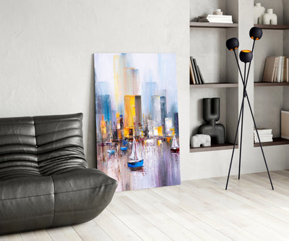 Colorful Harbor Sailboat City Glass Wall Art