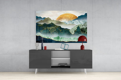 Gold Sun Over Layered Green Mountains Glass Wall Art