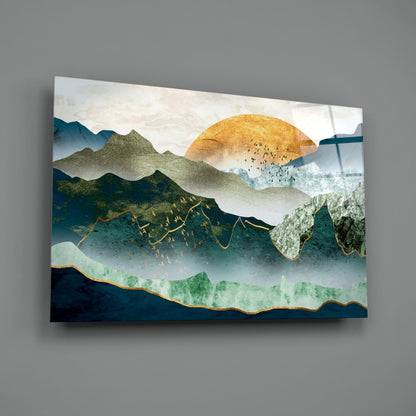 Gold Sun Over Layered Green Mountains Glass Wall Art