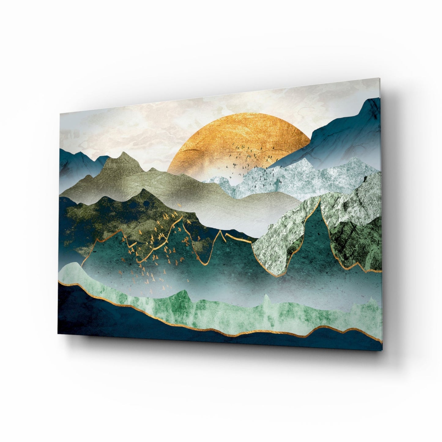Gold Sun Over Layered Green Mountains Glass Wall Art