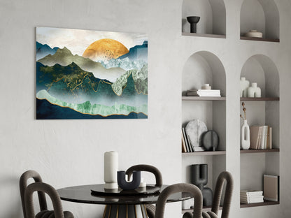 Gold Sun Over Layered Green Mountains Glass Wall Art