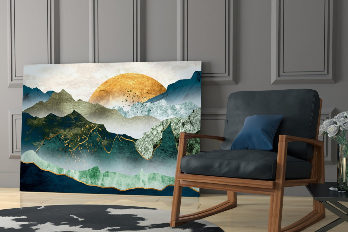 Gold Sun Over Layered Green Mountains Glass Wall Art